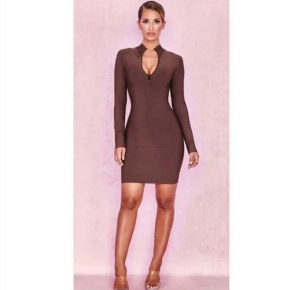 House of CB London Lana Mulberry Zip Front Burgundy Ribbed Bodycon Mini Dress XS